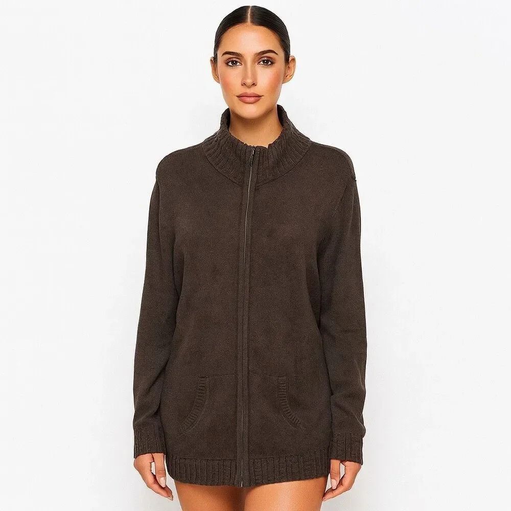 Banana Republic Solid Brown Full Zip Tight Knit Sweater pockets cotton Blend XL